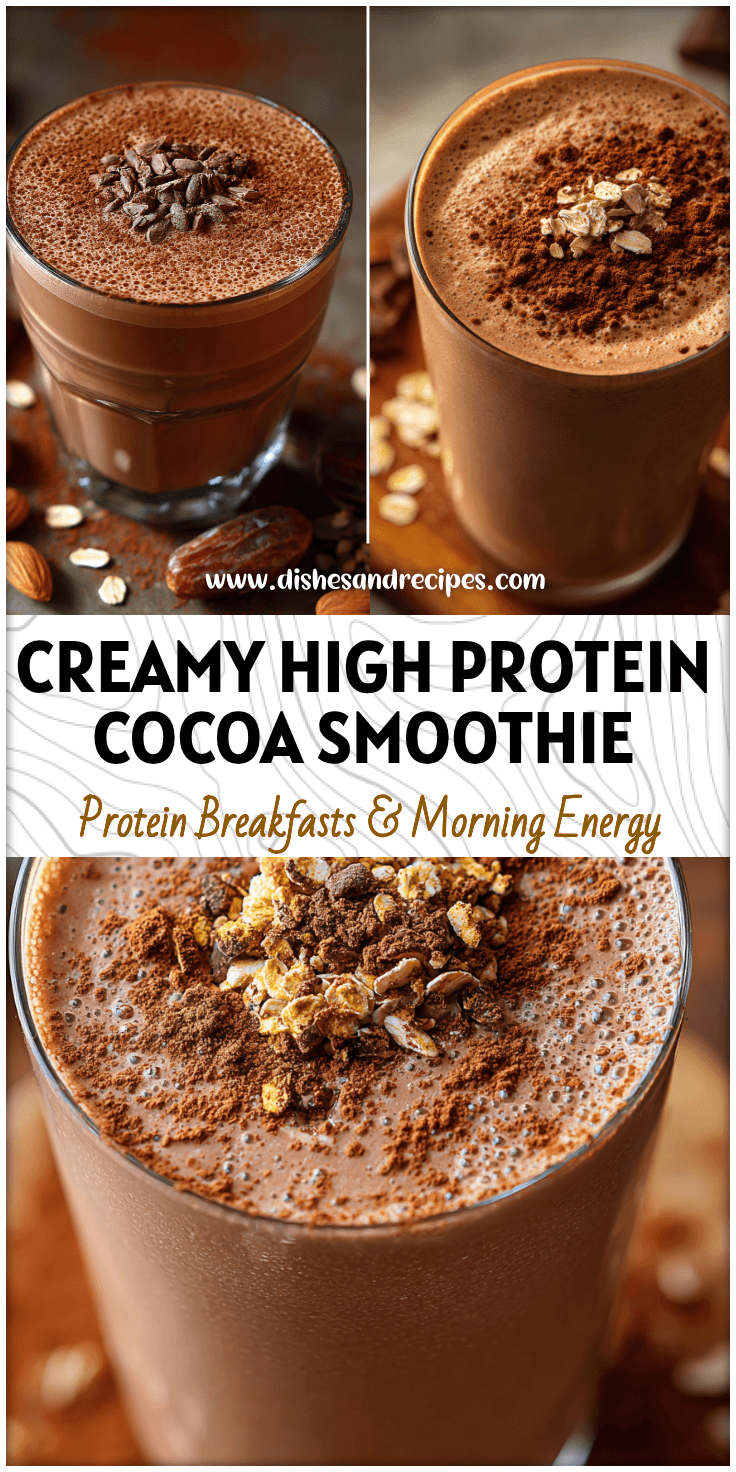Glass of creamy Hot Cocoa Protein Smoothie topped with cocoa powder and oats, a High Protein Chocolate Smoothie for breakfast.